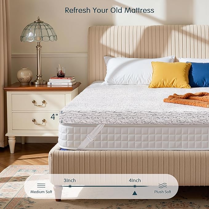 SyMax Memory Foam Mattress Topper, Gel Infused Foam Topper, Breathable Bed Topper with Cover, Pressure Relieving, CertiPUR-US Certified, 4 Inch(Grey Cover), Twin Size