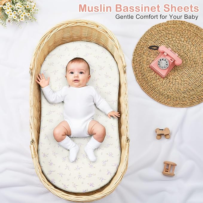 Basumee Muslin Bassinet Sheets for Baby Girl Boy 2 Pack Soft Breathable Baby Bedside Bassinet Fitted Sheets with Bottom Elastic Band Mattress Cover for Rectangle Oval Hourglass Bassinets