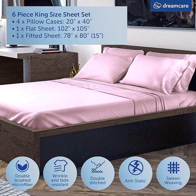 DREAMCARE Queen Sheet Set - 6 pcs Breathable Cooling Bed Sheets - up to 15" Deep Pocket Queen Sheets Set with Side Pockets - Extra Soft 100% Brushed Hypoallergenic Hotel Luxury Bedding - Pink