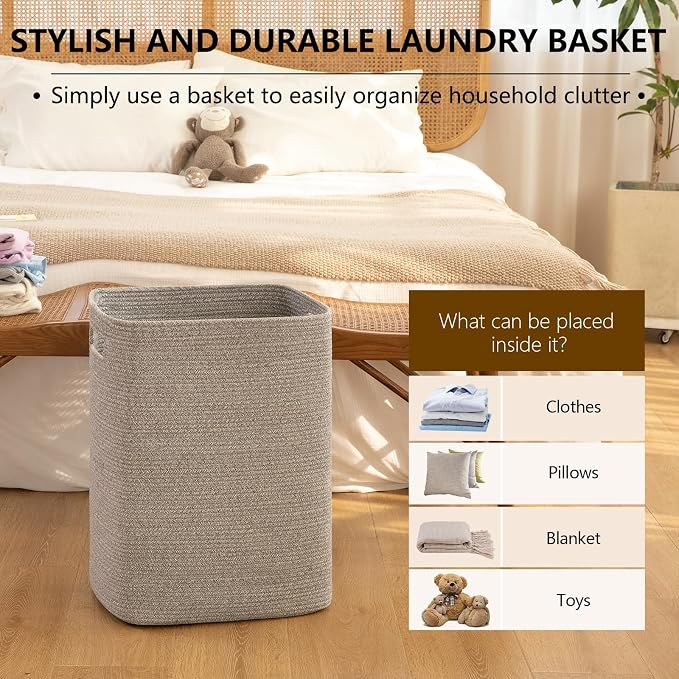 OIAHOMY Laundry Hamper, Laundry Basket，Rectangle Cotton Storage Basket with Handles, Large Blanket Basket for Living room, Woven Decorative Storage for Toys,Clothes,Pillows-16x13x22in-Grey variegated - Image 5