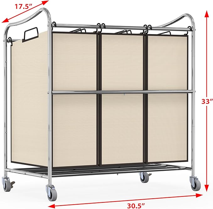 Simple Houseware Heavy-Duty 3-Bag Laundry Sorter Cart, Chrome - Image 2