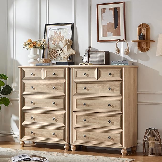 RWYHG Farmhouse 6 Drawer Dresser Set of 2, Natural Chest of Drawers, 43.5" Tall Dressers for Bedroom with Roman Column and Metal Handles, Wood Storage Organizer for Living Room, Hallway, Closet