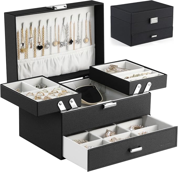 Dajasan Jewelry Organizer Box, Large Jewelry Boxes for Women Girls, Space-Saving 3 Layers Jewelry Storage Case with Drawer, Movable Metal Stand, Modern, Gift Idea (Black) by DAJASAN