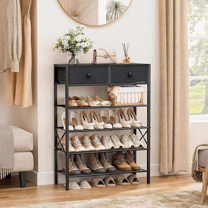 Shoe Rack for Entryway, 5 Tier Shoe Organizer with 2 Non-Woven Drawers, Metal Storage Shoe Shelf for 16-20 Pairs of Shoes, with Wooden Top and Steel Frame, Shoe Stand for Closet Black Grey - Image 4