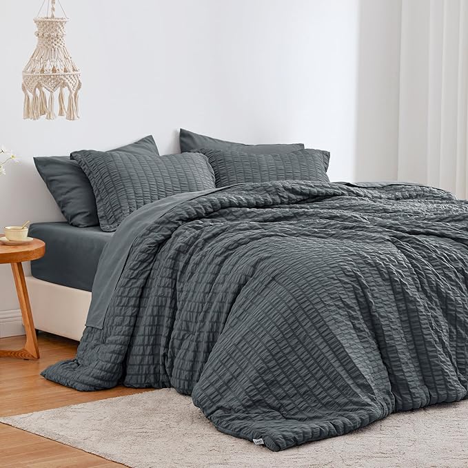 Love's cabin Seersucker Charcoal Grey Twin Comforter Set, 5-Piece All Season Lightweight Bed in a Bag Bedding Set with Comforter, Flat Sheet, Fitted Sheet, Pillowcase and Sham | Soft, Breathable, Lightweight