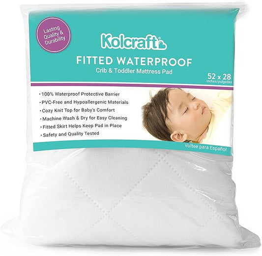 Kolcraft Fitted Waterproof Baby Infant Crib Mattress Protector Pad and Toddler Bed Cover, Durable and Comfortable Topper, Machine Washable and Dryer Friendly Bedding, 52?€? x 28?€?- White