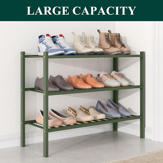 Smiry Bamboo Shoe Rack for Closet, 3 Tier Wooden Stackable Shoe Organizer, Free Standing Shoes Storage Shelf for Entryway, Front Door Entrance, Green - Image 4