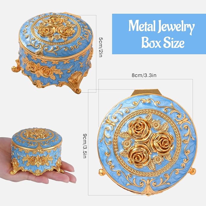 Vintage Jewelry Box, Gold Round Treasure Ring Box, Metal Trinket Organizer Keepsake Box Gift for Girl Women, Light Blue - Image 2