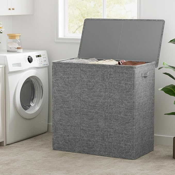 WOWLIVE 180L Laundry Hamper with Lid 3 Section,Large Laundry Basket with Removable Bags and Handles,Collapsible Dirty Clothes Hampers for Laundry,Laundry Basket Organizer for Laundry Room,Dorm,Grey - Image 2