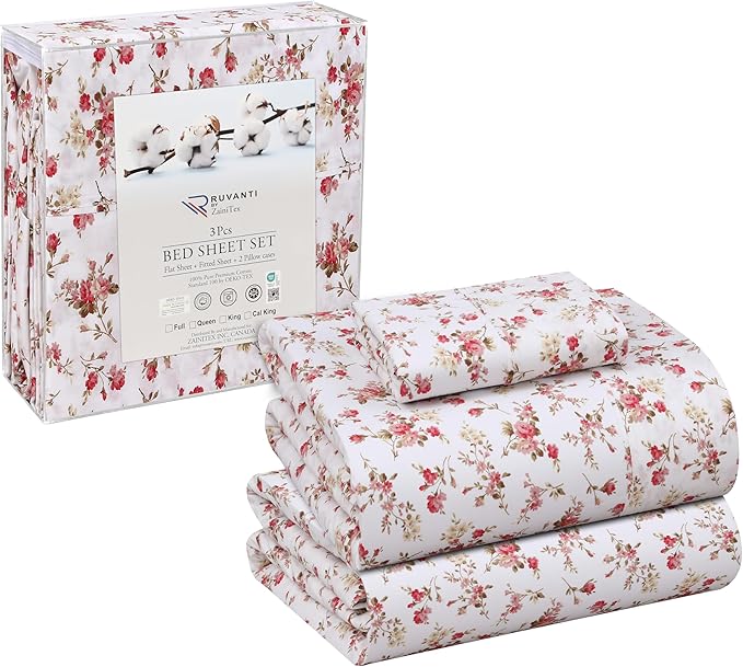 RUVANTI 100% Cotton Sheets – Twin XL Size Percale Bedding, Cooling & Breathable Floral Design, Durable with a Crisp, Soft & Comfortable Feel, 16" Deep Pocket, 3-Piece Set, Bouquet
