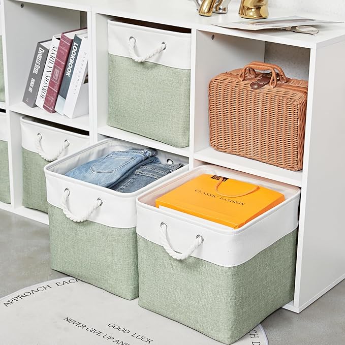13 x 13 Inch Extra Large Storage Cubes,6 Pack Cube Storage Bins for Shelves，Fabric Collapsible Storage Bins with Handles, Foldable Storage Basket for Organizing Clothes, Toys (White&Green) - Image 3