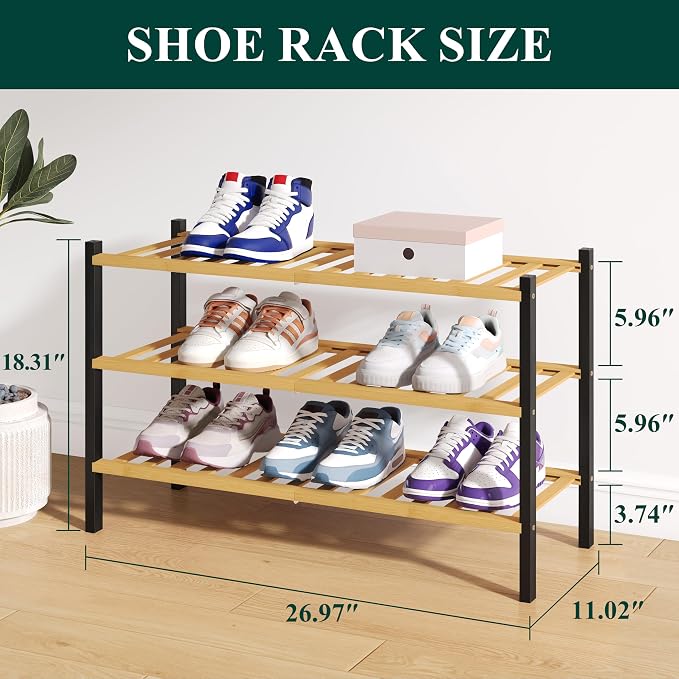 Smiry Bamboo Shoe Rack for Closet, 3 Tier Wooden Stackable Shoe Organizer, Free Standing Shoes Storage Shelf for Entryway, Front Door Entrance, Natural & Black - Image 2
