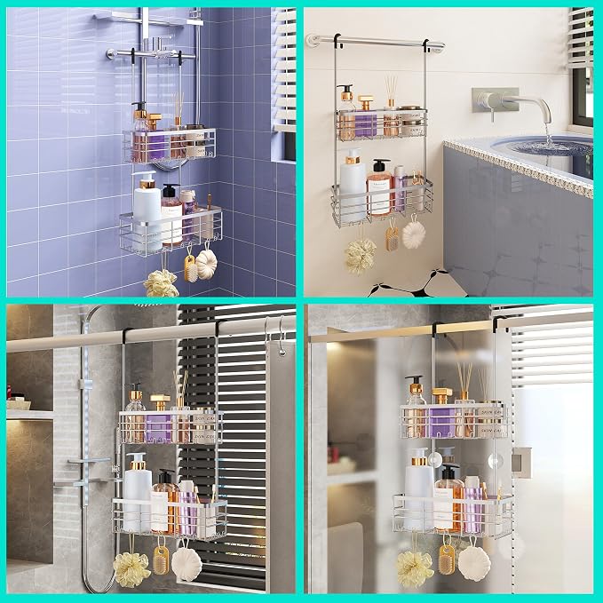 HapiRm Hanging Shower Caddy Organizer - No Drilling Shower Organizer with Hooks, Rustproof & Waterproof 304 Stainless Steel Bathroom Shelves - Silver - Image 4