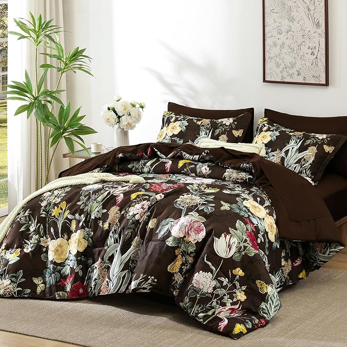 WONGS BEDDING Brown Comforter Set Queen, 7 Pieces Bed in a Bag Botanical Floral Comforter Bedding Set, Soft Microfiber Comforter with Flat Sheet, Fitted Sheet, Pillow Shams, Pillowcases