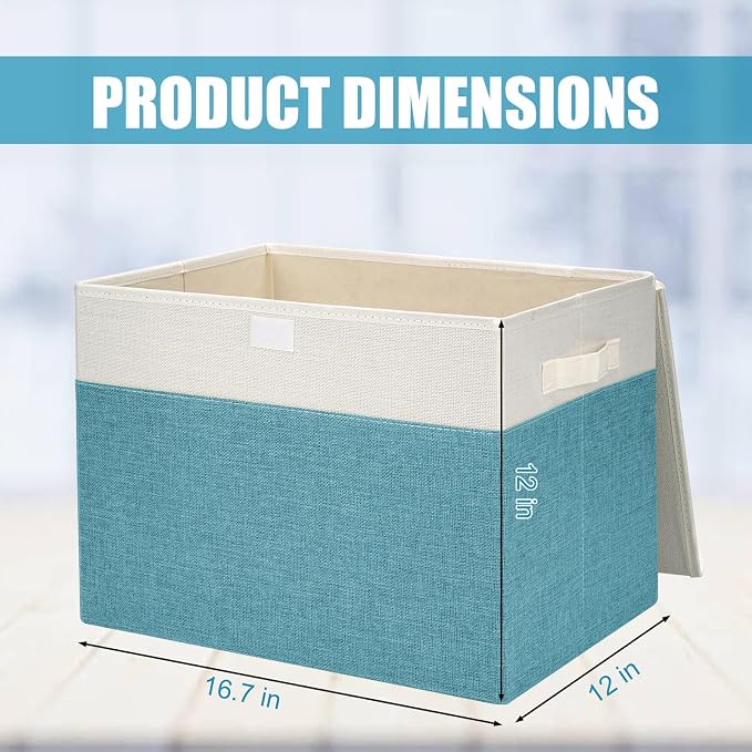 Large 17" 42 Quarts Collapsible Stackable Storage Bins with Lids [3-Pack] Foldable Fabric Linen Storage Boxes Cube, Closet Organizer Baskets with Label for Home (16.7 x 12 x 12", Teal & White) - Image 2