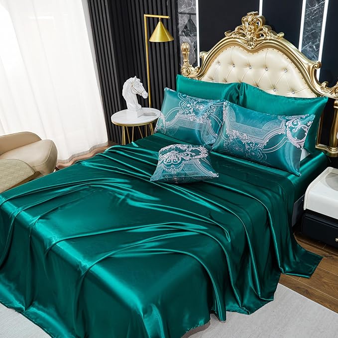Bedding_Dreamer Jacquard King Comforter Set Green Sheet Set Satin Bedding Set 8 Pcs Vintage Neoclassical Floral Bed Home Decor Soft Comforter Luxury Hotel Silky Bed in a Bag with 1 Cushion Cover