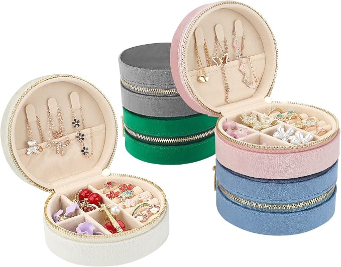 DesignSter Travel Jewelry Box - Velvet Mini Jewelry Organizer, Small Jewelry Case for Girls Women, Jewelry Storage Box for Rings Earrings Necklace (Circular, Cream Beige) - Image 8