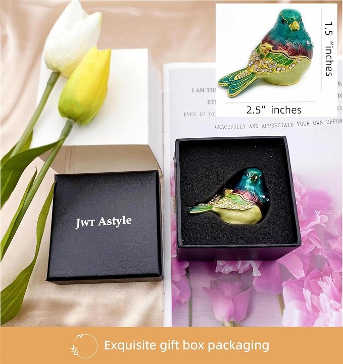 Turquoise Green Bird Trinket Boxes Hinged,Bird Decor with Crystals Enamel Jewelry Box.Necklace Ring Box Earrings Storage.Collectible Birds Lover Gifts Figurines Home Decor - Image 8