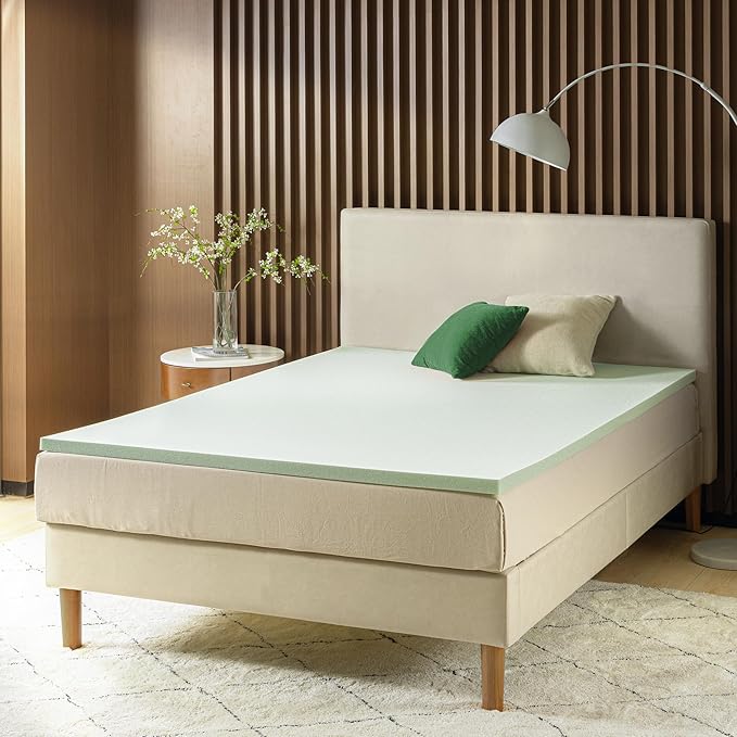 ZINUS 2 Inch Green Tea Memory Foam Mattress Topper, Pressure-Relieving Layer, Ideal for Back Pain Relief, Compact WONDERBOX Packaging, CertiPUR-US Certified, Queen