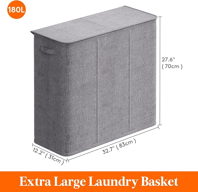 Lifewit Triple Laundry Hamper with Lid and Removable Laundry Bags, Large Collapsible 3 Dividers Dirty Clothes Basket with Handles for Bedroom, Laundry Room, Closet, Bathroom, College, 180L Light Gray - Image 5