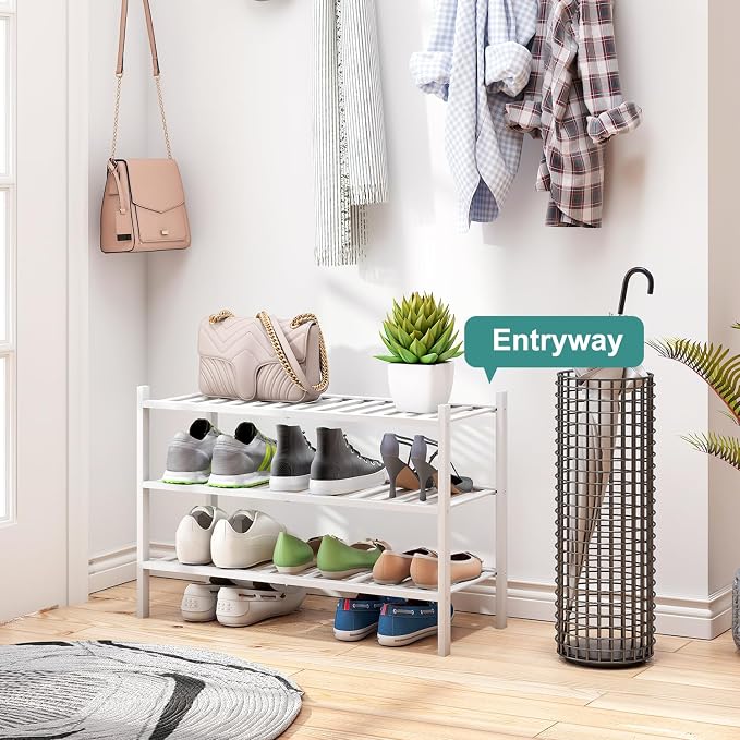 viewcare White Shoe Rack, 3-Tier Bamboo Wood Shoe Rack for Closet, Entryway & Hallway, and Stackable Shoe Shelf Storage Organizer for Indoor and Outdoor - Image 4