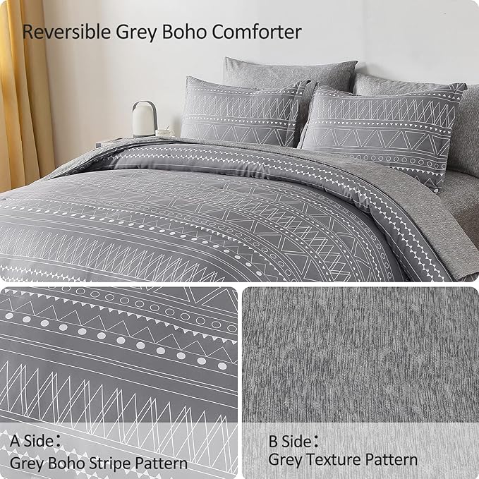 WONGS BEDDING Grey Boho Comforter Set Queen Size,Dark Grey Bed in a Bag 7 Pieces Texture Stripe Comforter Reversible Soft Microfiber Bedding Set for All Season with Sheets, Pillowcases & Shams