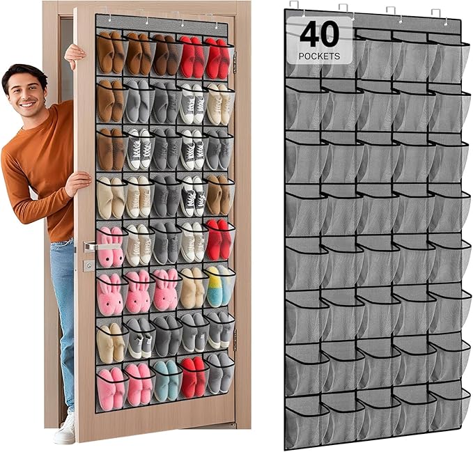 40-Pocket Over the Door Shoe Organizer - Large Mesh Pocket Hanging Shoe Organizer,Behind the Door Shoes Storage Holder Hanger,Large Capacity Design for Dorm Room College,Store 20 Pairs(Grey) by Unknown