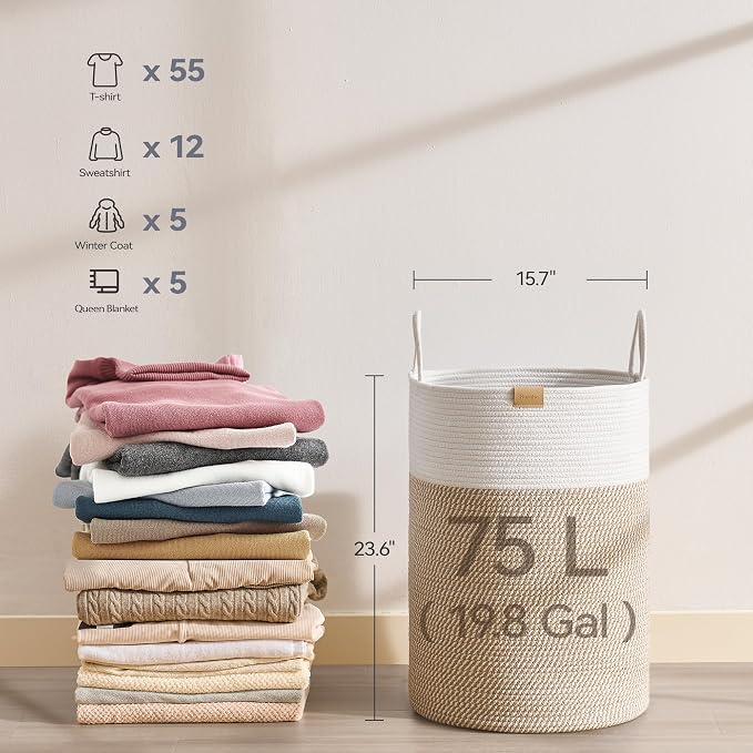 Nunsino Laundry Hamper 75L,Large Laundry Basket for Clothes,Decorative Storage Basket for Blankets,Cotton Rope Woven basket for bedroom,Brown White - Image 6