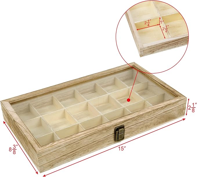 Mooca Wooden Display Storage Case with Tempered Glass Lid for Jewelry and Beads with 18 Compartments Tray, Oak Color, 15" W x 8 3/4" D x 2" H - Image 2