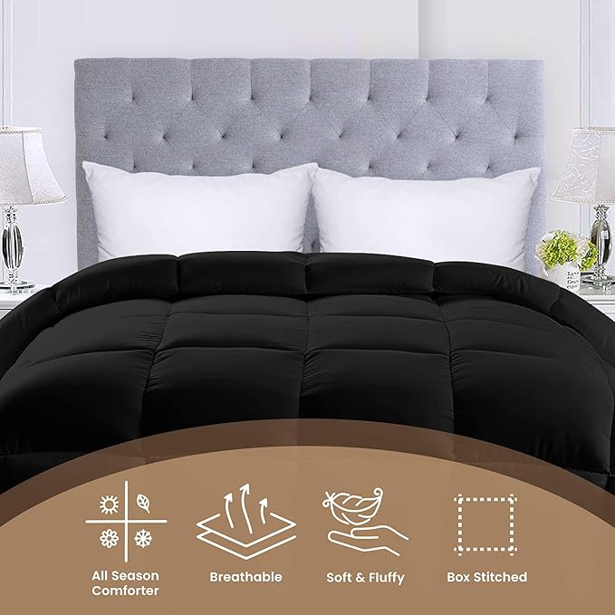 Utopia Bedding Comforters Queen Size, All Season Duvet Insert, Down Alternative Box Stitched Bed Comforter with Corner Tabs, Machine Washable (Black)