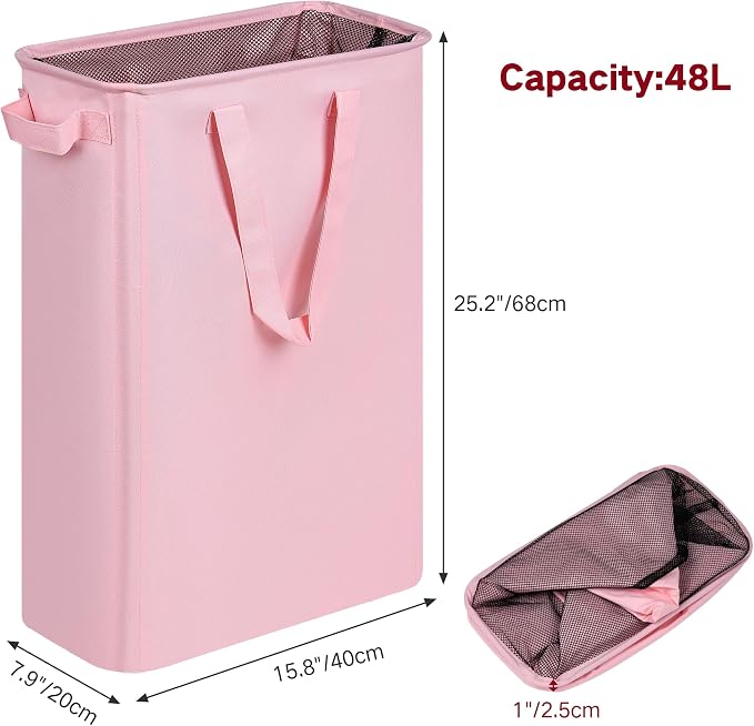 efluky Slim Laundry Basket, Narrow Laundry Hamper with Handles, Collapsible Dirty Clothes Hamper, Tall Laundry Bin for Laundry Room, Dorm and Bedroom, 12.7 Gallons(48L) Pink - Image 3