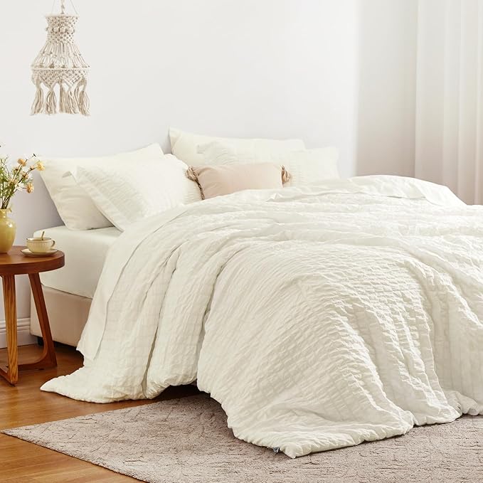 Love's cabin Seersucker Ivory Full Comforter Set, 7-Piece All Season Lightweight Bed in a Bag Bedding Set with Comforter, Flat Sheet, Fitted Sheet, Pillowcases and Shams | Soft, Breathable, Lightweight