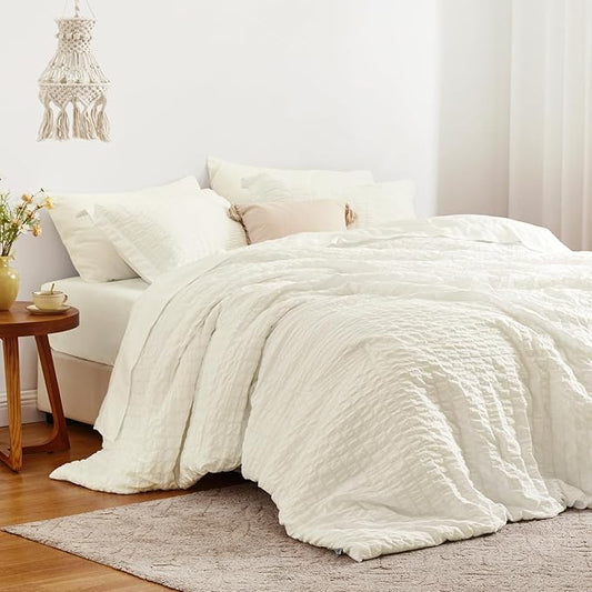 Love's cabin Seersucker Ivory King Size Comforter Set, 7-Piece All Season Lightweight Bed in a Bag Bedding Set with Comforter, Flat Sheet, Fitted Sheet, Pillowcases and Shams | Soft, Breathable, Lightweight
