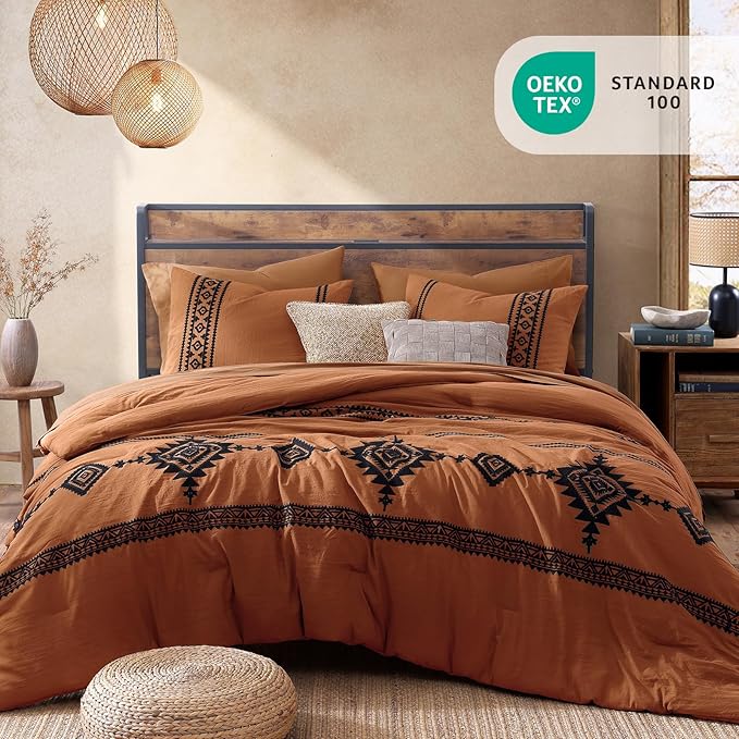 MaiRêve Super King Plus Comforter Set Burnt Orange, Embroidery Western Boho Bedding Set 7 Pieces, All Season Farmhouse Bed in A Bag Comforter Set with Sheets, Pillowcases & Shams