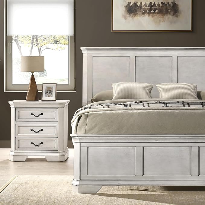 Roundhill Furniture Maderne Wood Panel Bed with Two Nightstand, King, Antique White Finish