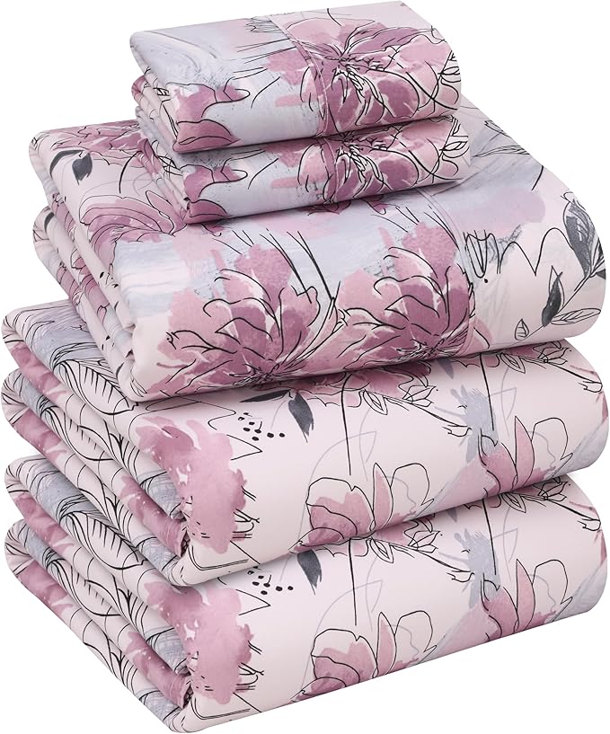 RUVANTI 100% Cotton Sheets – Split King Size Percale Bedding, Cooling & Breathable Floral Design, Durable with a Crisp, Soft & Comfortable Feel, 16" Deep Pocket, 5-Piece Set, Lilac Floral
