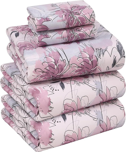 RUVANTI 100% Cotton Sheets – Split King Size Percale Bedding, Cooling & Breathable Floral Design, Durable with a Crisp, Soft & Comfortable Feel, 16" Deep Pocket, 5-Piece Set, Lilac Floral