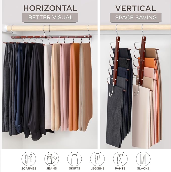 MORALVE Pants Hangers Space Saving - European Beechwood Scarf and Jean Hangers - Closet Organizer and Space Saver Pant Rack, Leggings Hanger, and Scarf Holder with 360° Swivel Hook (1 Pack) - Image 4