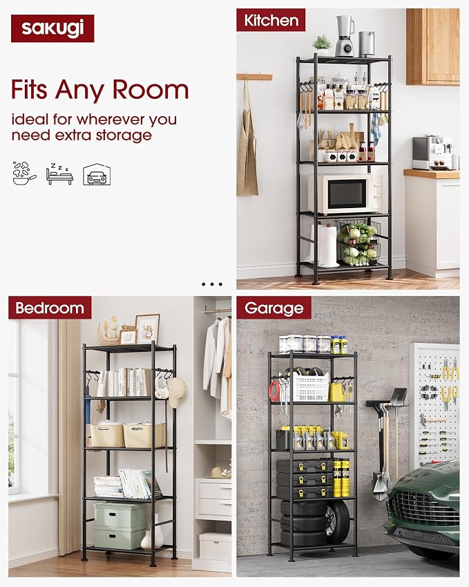Sakugi Storage Shelves - 5-Tier Large Capacity Shelf Organizer with Hooks, Heavy-Duty Garage Shelving with Leveling Feet, Wobble-Free Rack for Bedroom, Balcony, Garage, 18.1"×12.4"×56.8", Black - Image 4