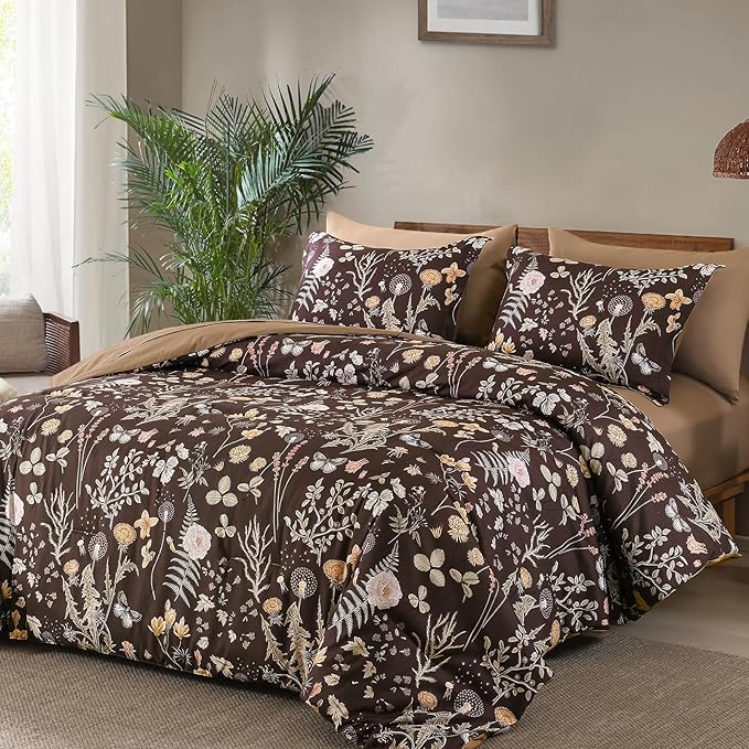 Yiran Brown Comforter Set Queen Size, 7 Piece Floral Comforter Bedding Set, Farmhouse Bed in a Bag, Soft Microfiber Complete Bedding Set with Sheets for All Season