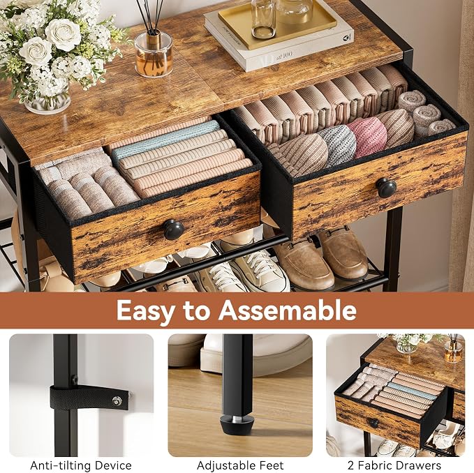 Shoe Rack for Entryway, 5 Tier Shoe Organizer with 2 Non-woven Drawers, Metal Storage Shoe Shelf for 16-20 Pairs of Shoes, with Wooden Top and Steel Frame, Shoe Stand for Closet Rustic Brown - Image 5