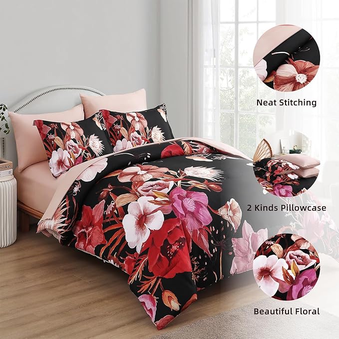 Luxudecor Floral Comforter Set Full Size 7 Piece, Red Flower Bed in a Bag, Elegant Comforter Bedding Set for All Season (Red, 80"x90")