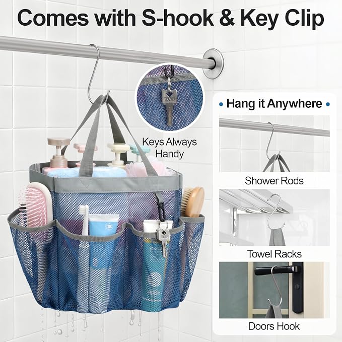 F-color Mesh Shower Caddy Portable - Navy Blue, Upgrade Deeper 7 Pockets Shower Bag Basket Tote for College Dorm Room Toiletry Bathroom Essentials Gym Camp Quick Dry 2 handles with S Hook - Image 6