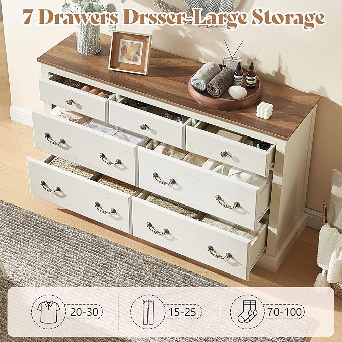 AMERLIFE Farmhouse 4 Pieces Bedroom Sets Includes 7 Drawers Dresser, 6 Dressers Organizer, Two Nightstands with Charging Station, White