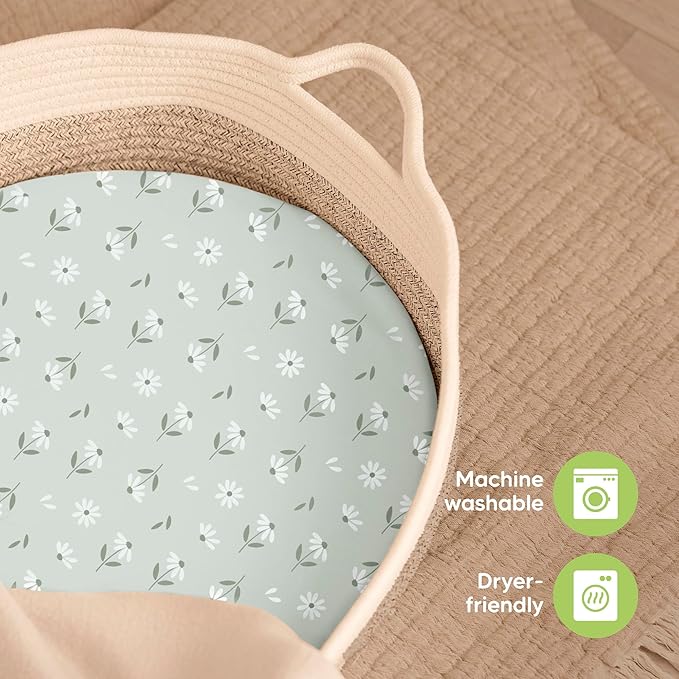 2-Pack Baby Bassinet Sheets Girl, Boy - 33x17 Viscose Derived from Bamboo Bedside Mattress Fitted Bassinet Sheets, Compatible with Halo Bassinest Swivel Sleeper, Baby Delight, Graco (Daisies)