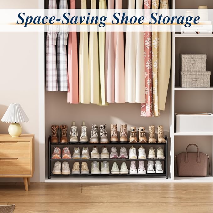 ENJOYBASICS 3 Tier Expandable Shoe Rack for Closet, Free Standing Metal Shoe Shelf Storage Organizer Holder 18 Pairs, Adjustable Width Shoe Rack for Entryway Small Space, Black - Image 3