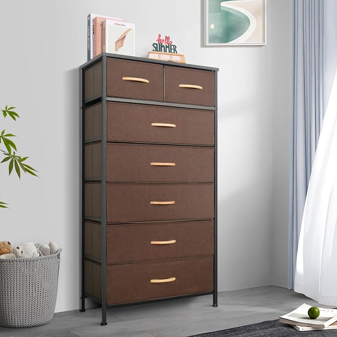 Mifuro Tall Dresser for Bedroom, Vertical Storage Organizer Tower with 7 Drawers, Chest of Drawers with Fabric Bins, Steel Frame, Wood Top for Bedroom, Closet, Entryway- Brown - Image 2
