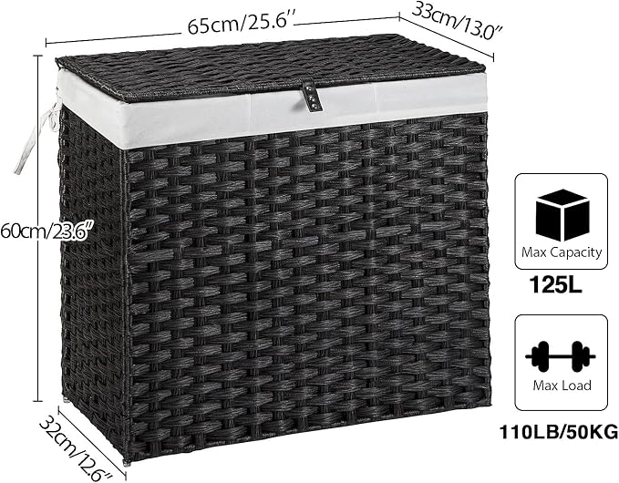 Greenstell Laundry Hamper with Lid, 125L Large Clothes Hamper with 3 Section & 2 Section Removable Liner Bags & 5 Mesh Laundry Bags, Handwoven Synthetic Rattan Divided Laundry Basket, Black - Image 6