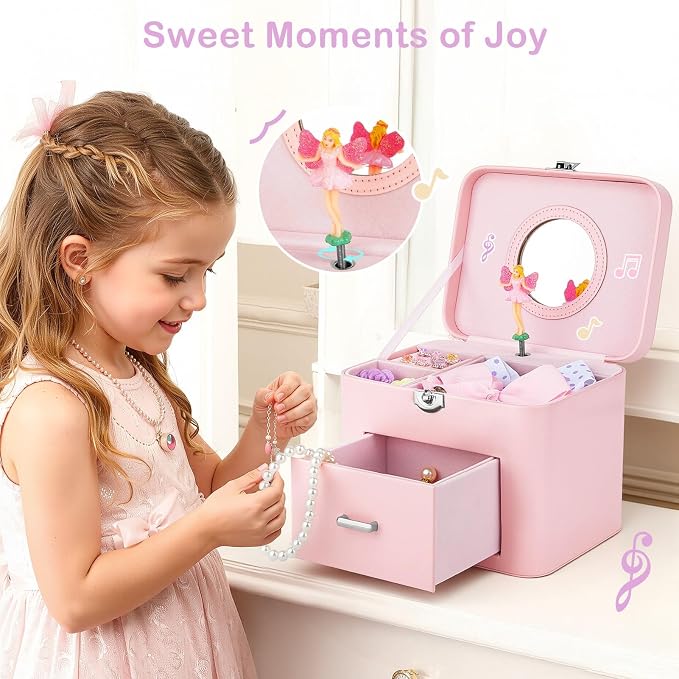 Basumee Musical Jewelry Box for Girls PU Leather Music Box with Drawer Large Kids Jewelry Organizer with Unicorn/Ballerina Jewelry Storage for Little Girls Ages 3–10, Birthday & Holiday Present - Image 6
