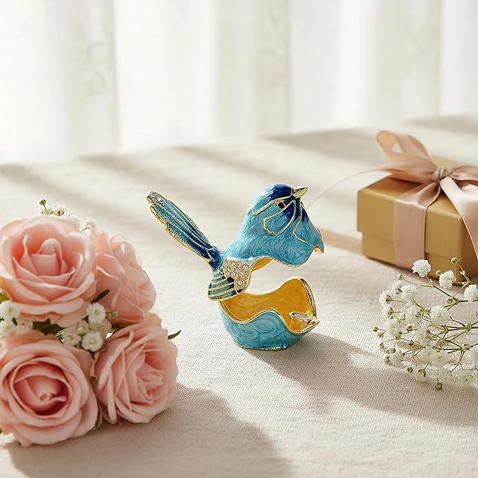 YU FENG Enamel Bird Trinket Box Jewelry Organizer, Hand Painted Decorative Hinged Keepsake Box – Blue Bird - Image 5